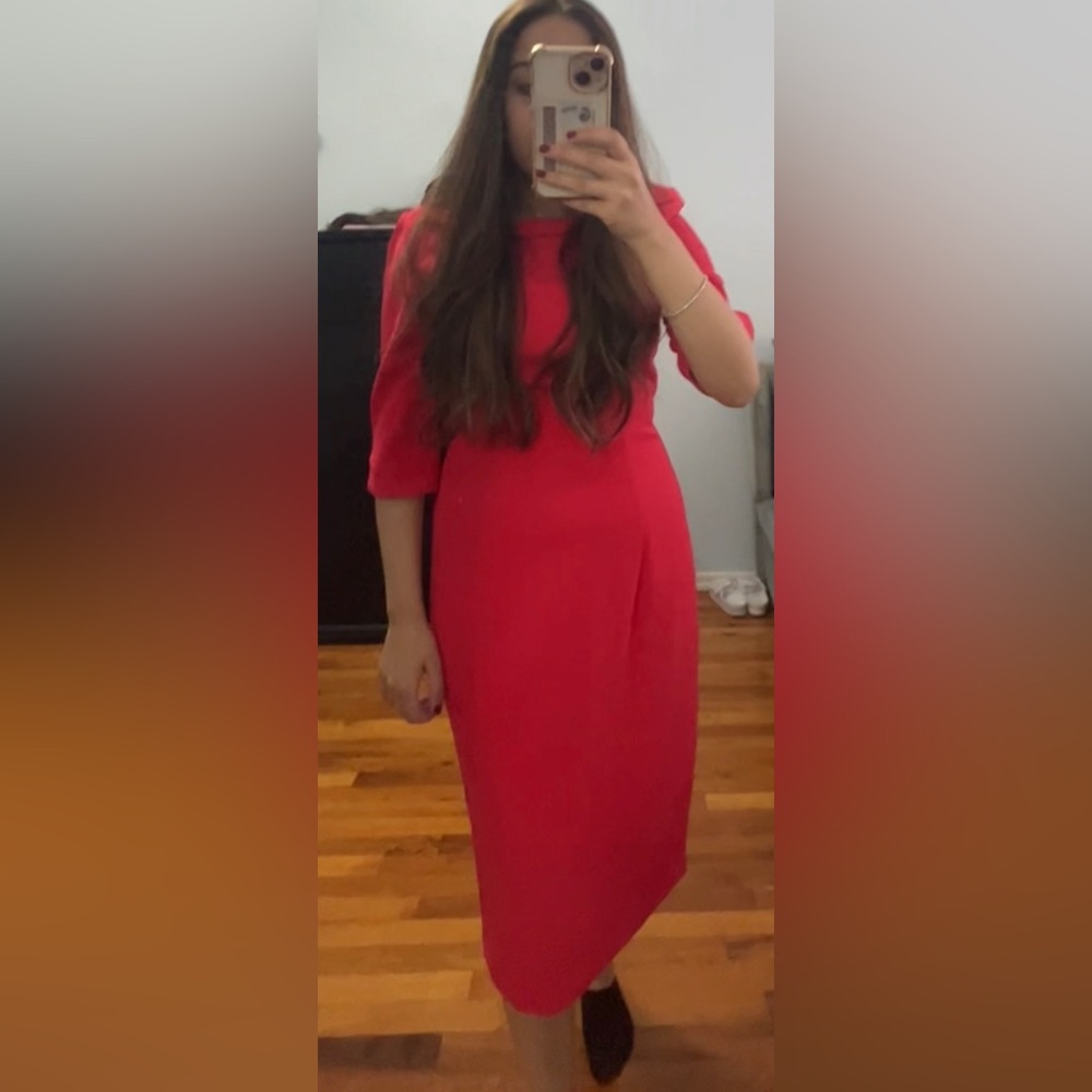 Black Halo Red Midi Sheath Dress with Three-Quarter Sleeves